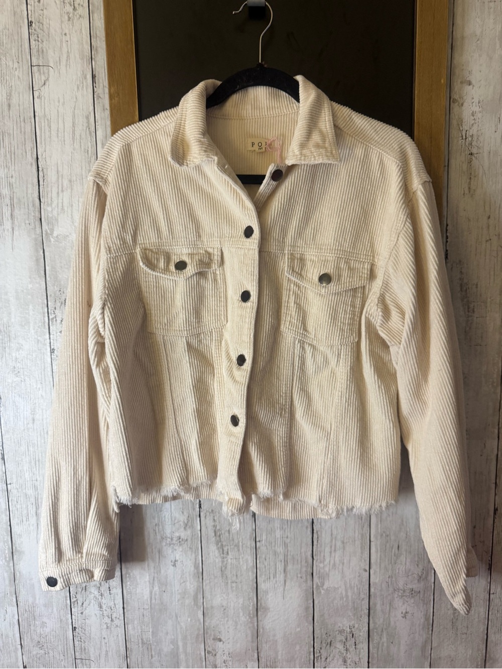 Pol Jacket Womens Med Cream Corduroy Raw Edge Distressed Hems 100% Cotton